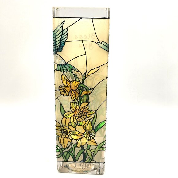 Joan Baker Hand Painted Glass Vase  ~Bless You  ~Hummingbirds and Daffodils 10" - Picture 4 of 7